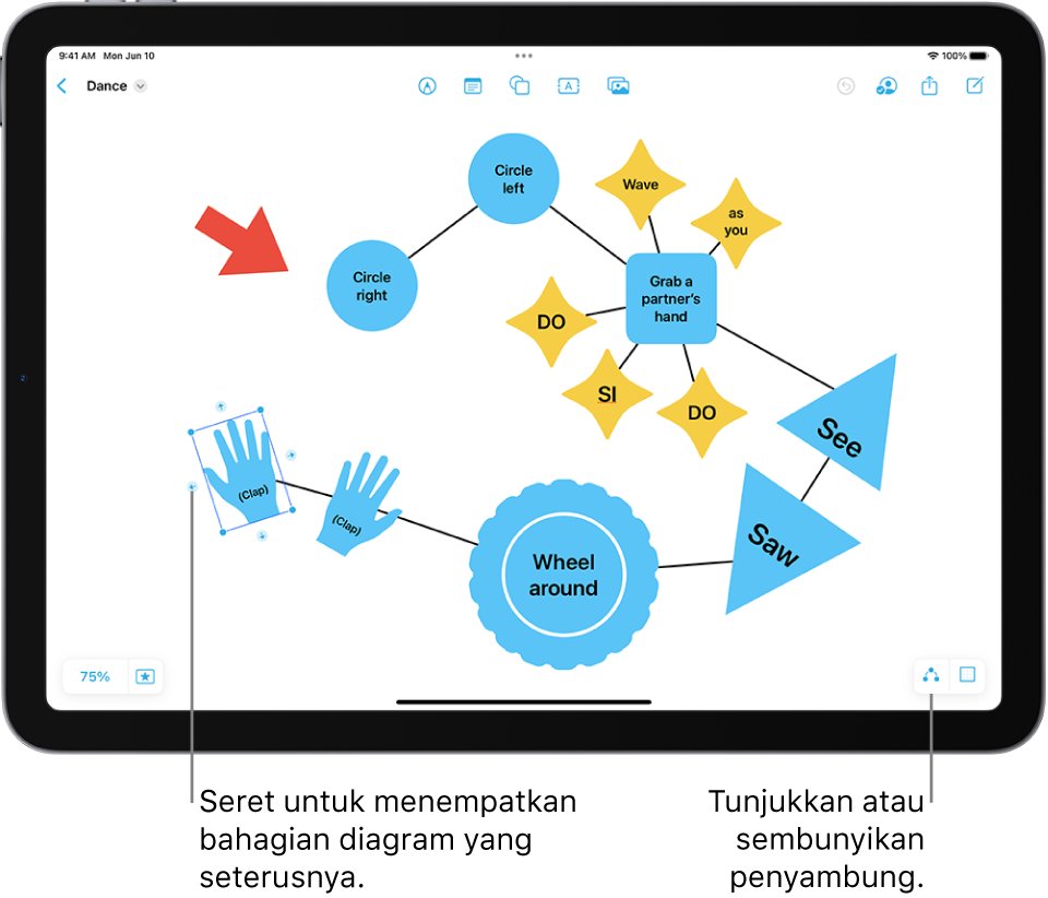 Gambar rajah pada papan Freeform, dengan penyambung ditunjukkan pada bentuk dipilih dan alat pemformatan bentuk kelihatan di atasnya.