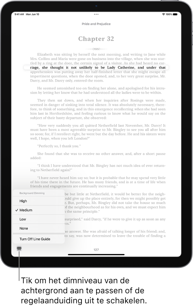 Een pagina van een boek in de Boeken-app. Eén regel tekst is uitgelicht en de rest van de tekst is gedimd. Linksonder in het scherm bevindt zich de knop met het regelaanduidingsmenu.