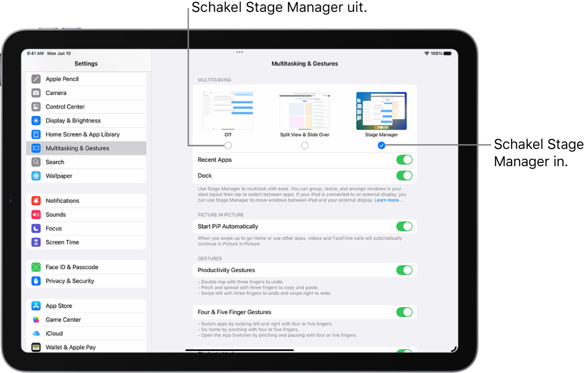 Het Instellingen-scherm waar je Stage Manager kunt in- of uitschakelen.