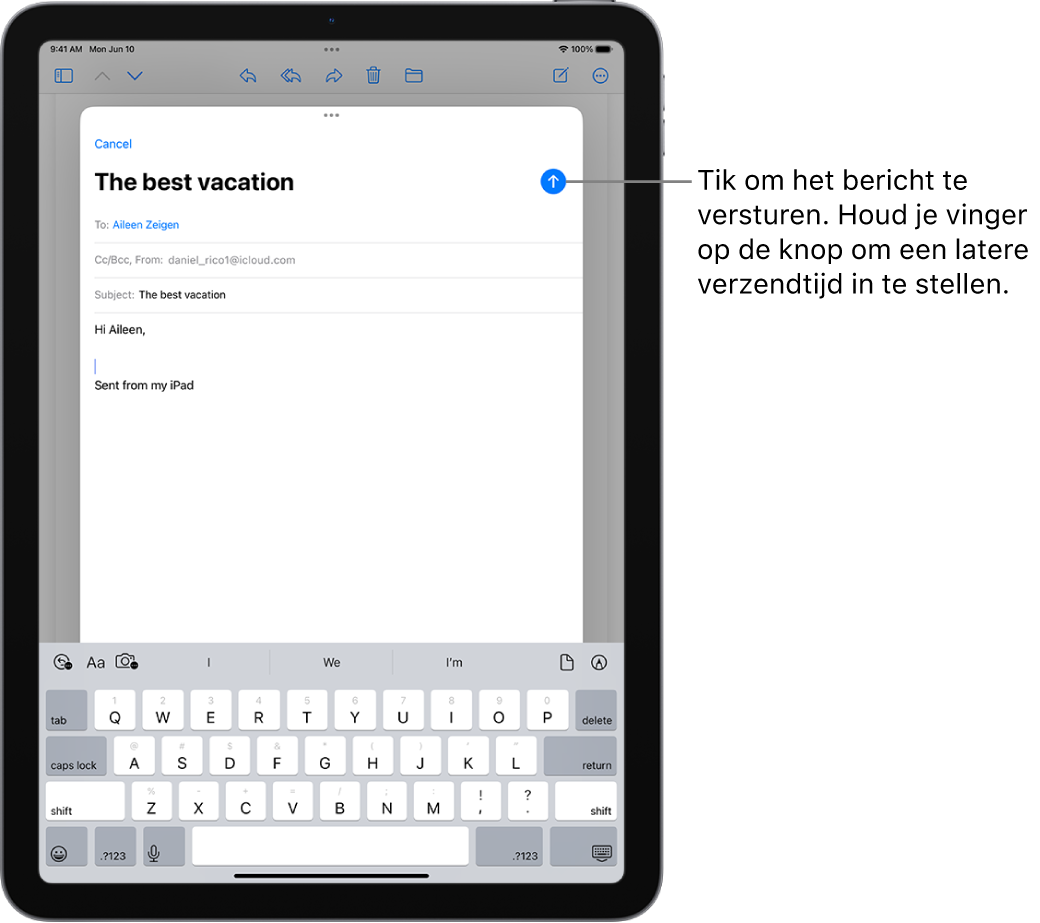 Een concept-e‑mail is geopend in de Mail-app. In de rechterbovenhoek staat de knop om het bericht te versturen. Tik erop om het bericht te versturen of houd je vinger erop om een latere verzendtijd in te stellen.