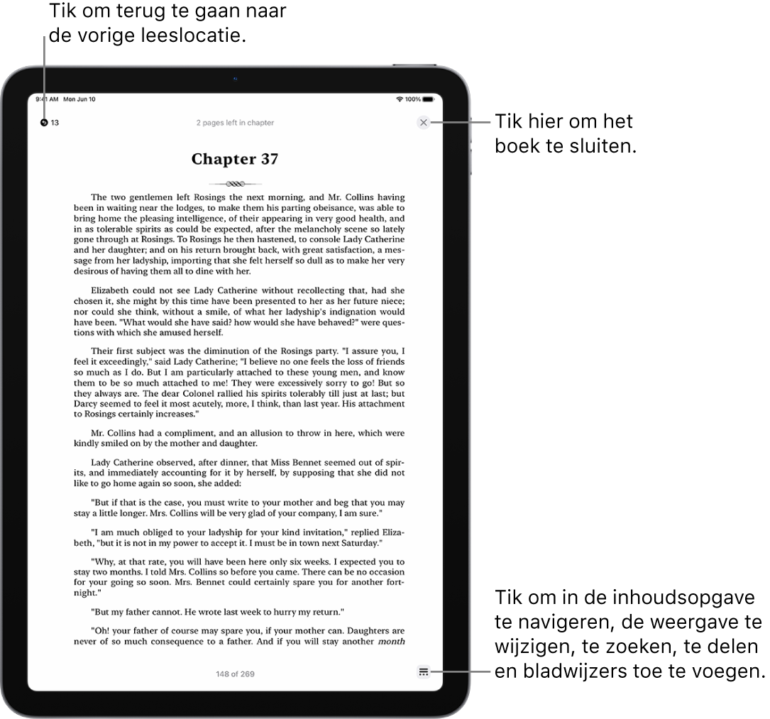 Een pagina van een boek in de Boeken-app. Boven in het scherm staan de knoppen waarmee je teruggaat naar de pagina waar je bent begonnen met lezen en waarmee je het boek sluit. Onder in het scherm is de menuknop te zien.