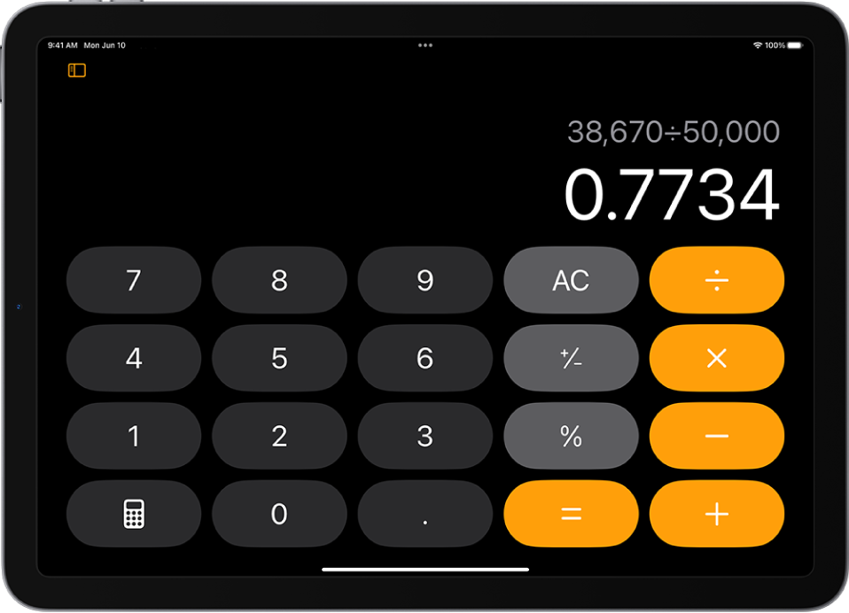 Calculadora básica no iPad.