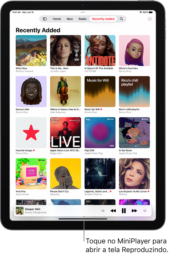 A tela Adicionados Recentemente da Biblioteca, mostrando o Minirreprodutor perto da parte inferior. O Minirreprodutor mostra o título da música que está em reprodução. Os botões Pausar e Faixa Seguinte estão à direita do título da música.