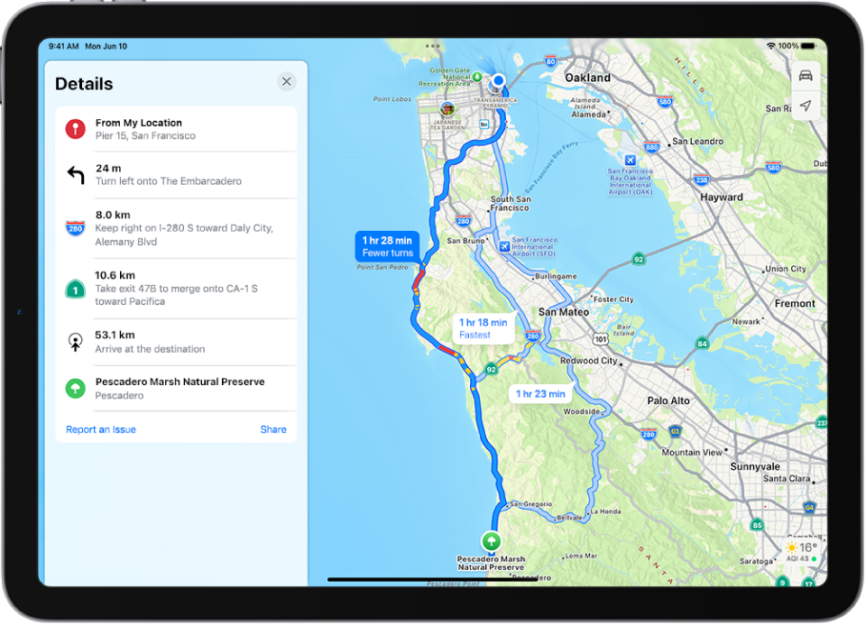 Um mapa a mostrar três opções para os itinerários e uma lista detalhada de passos para chegar a um destino com menos passos.