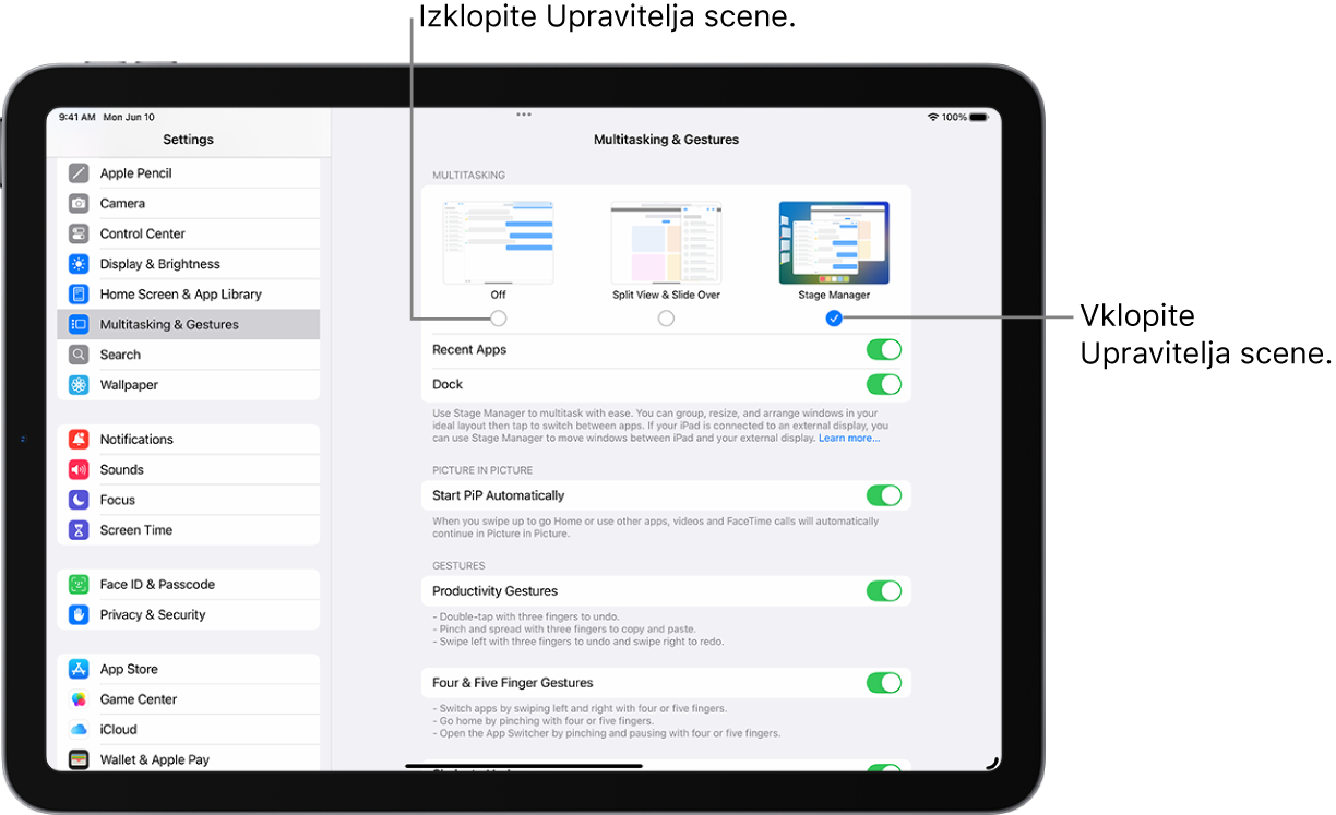 Zaslon Nastavitve za vklop ali izklop funkcije Upravitelj scene.