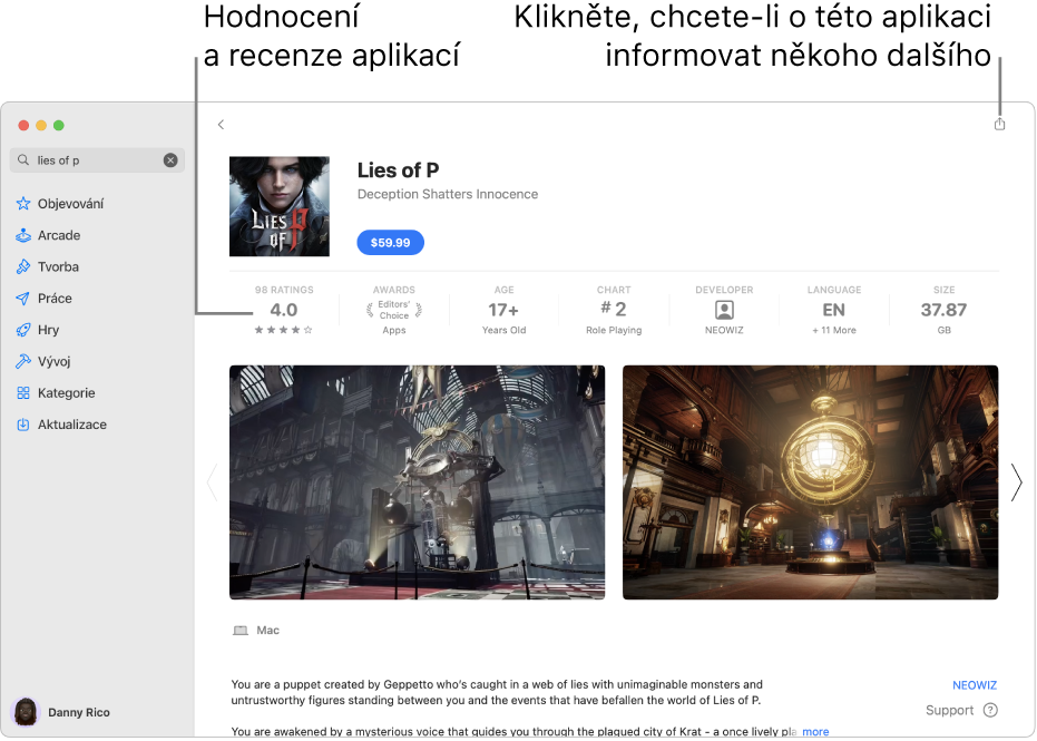 Uživatelská hodnocení aplikace v App Storu.