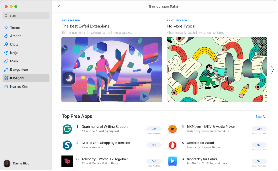 Halaman Mac App Store Sambungan Safari. Bar sisi di sebelah kiri termasuk pautan ke halaman lain: Temui, Cipta, Kerja, Main, Bangunkan, Kategori dan Kemas Kini. Di sebelah kanan ialah Sambungan Safari yang tersedia.