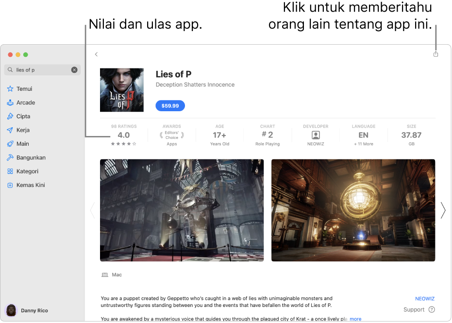 Penilaian pelanggan untuk app dalam App Store.