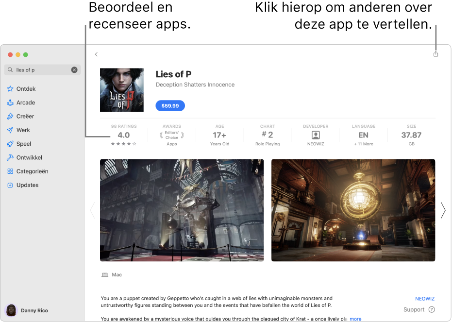 Beoordelingen van klanten voor een app in de App Store.