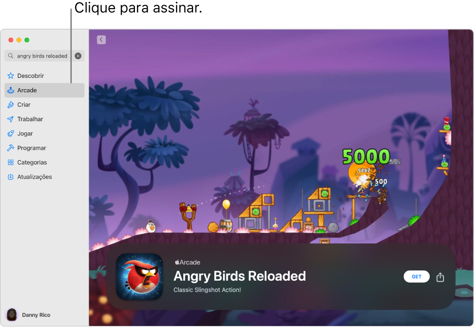 A página principal do Apple Arcade. Um jogo popular é apresentado à direita.