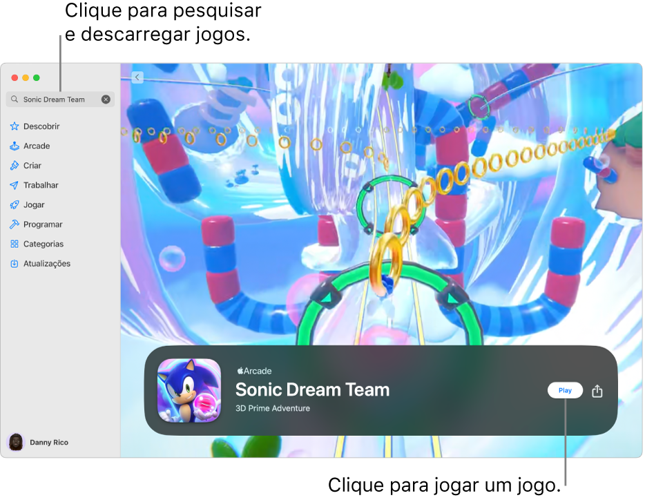 A página principal do Apple Arcade. Um jogo popular é apresentado à direita.