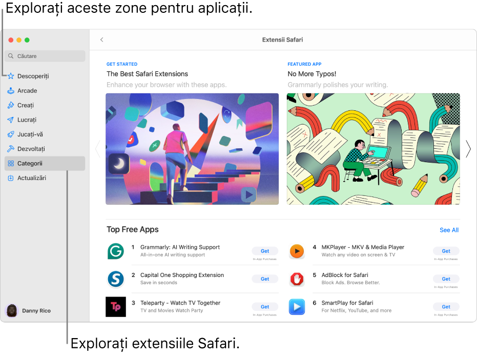 Pagina Extensii Safari din Mac App Store. Bara laterală din stânga include linkuri către alte pagini: Descoperiți, Arcade, Creați, Lucrați, Jucați-vă, Dezvoltați, Categorii și Actualizări. În dreapta se află extensiile Safari disponibile.