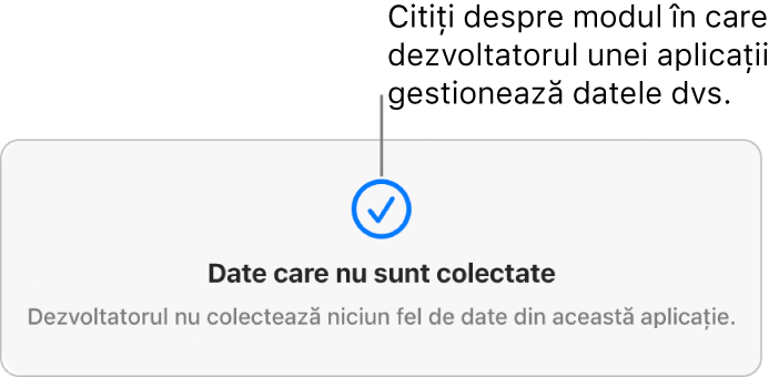 O porțiune a paginii principale Mac App Store, afișând politica de confidențialitate a dezvoltatorului aplicației selectate.