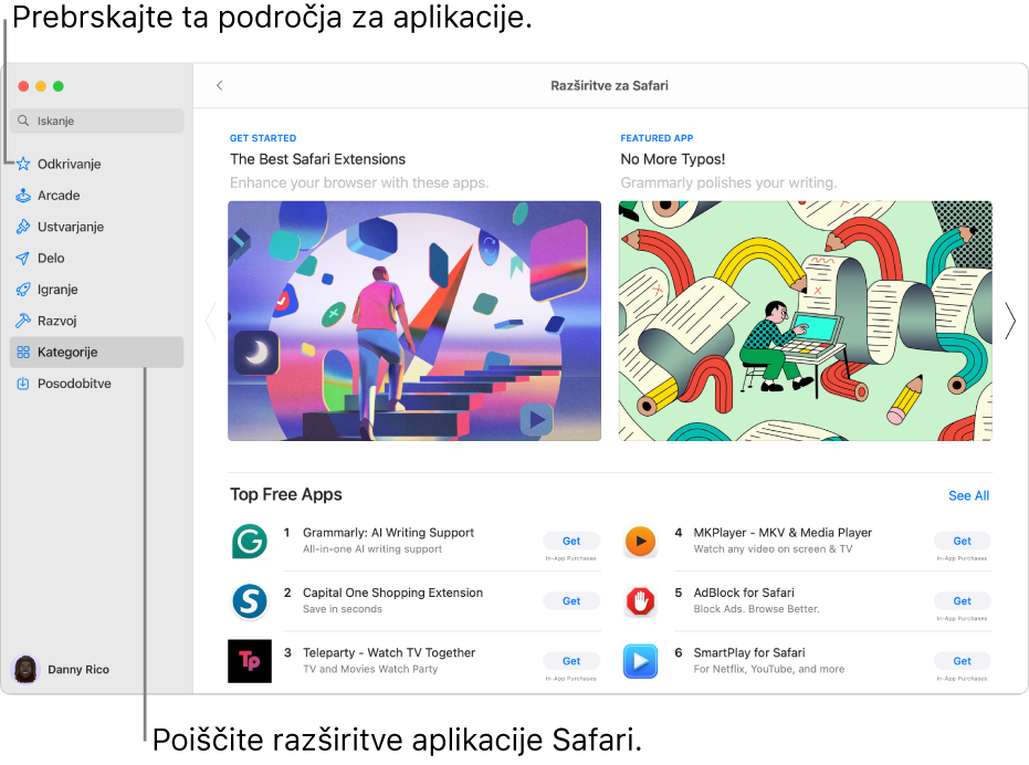 Stran z razširitvami za Safari v trgovini Mac App Store. Stranska vrstica na levi vključuje povezave do drugih strani: Odkrivanje, Arcade, Ustvarjanje, Delo, Igranje, Razvijanje, Kategorije in Posodobitve. Na desni so razpoložljive razširitve za Safari.