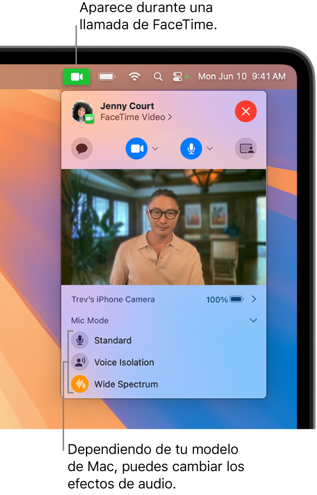 El centro de control, situado en la esquina superior derecha de la pantalla de la Mac, muestra el botón Video (que aparece cuando estás en una llamada de FaceTime) y las opciones del modo de micrófono (que cambian los efectos de audio; varían según tu Mac).
