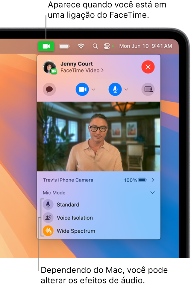 Central de Controle no canto superior direito da tela do Mac, mostrando o botão Vídeo (que aparece quando você está em uma ligação do FaceTime) e opções do Modo do Microfone (que mudam os efeitos de áudio, dependendo do Mac).