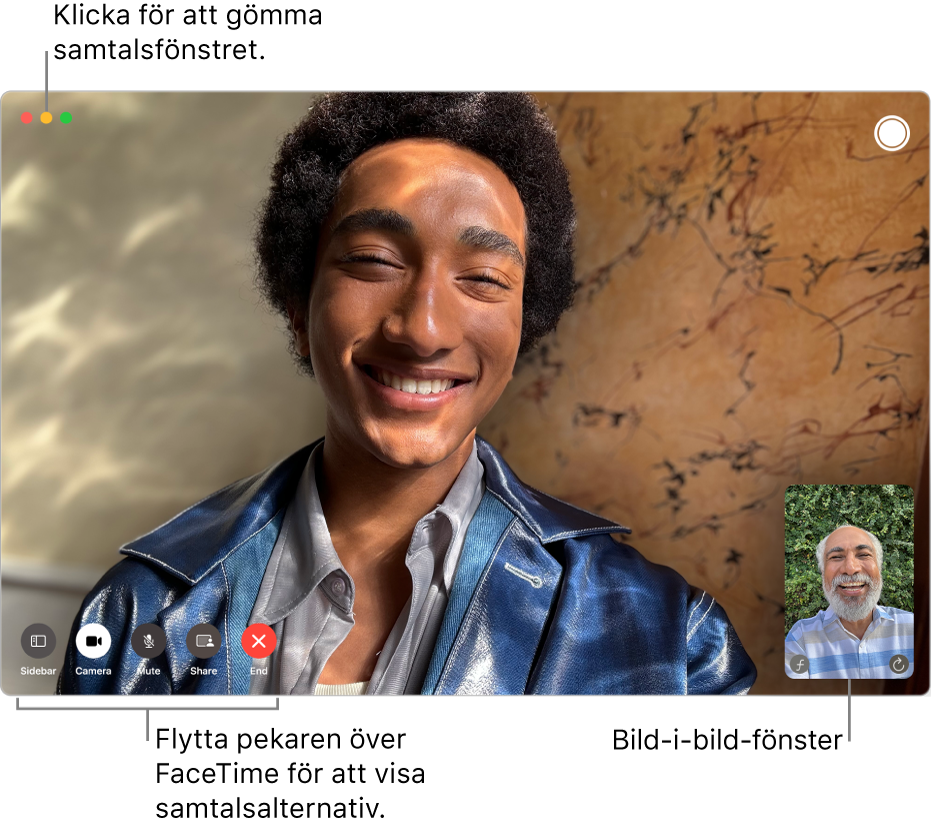 För pekaren över FaceTime-fönstret så visas knapparna Sidofält, Kamera, Ljud av, Dela skärm, Avsluta samtal och Live Photo. Klicka på mittknappen i det övre vänstra hörnet för att gömma samtalsfönstret. Bild-i-bild-fönstret visas i det nedre högra hörnet.