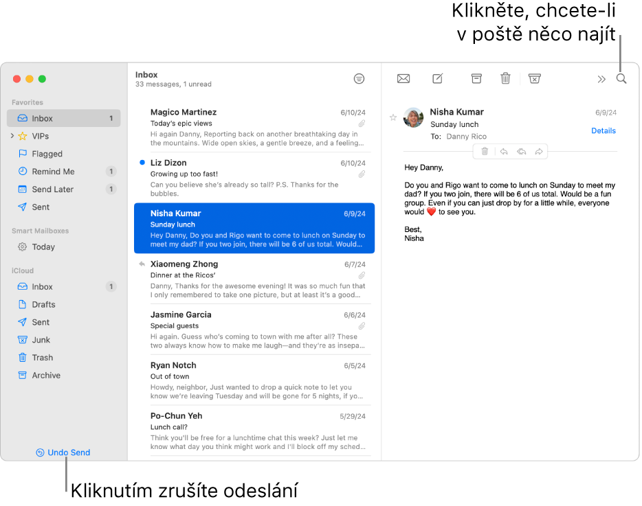 Okno mailu s bočním panelem na levé straně. V dolní části bočního panelu je tlačítko Zrušit odeslání