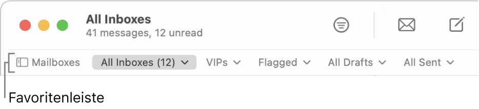 Die Favoritenleiste mit der Taste „Postfächer“ und Tasten für den Zugriff auf Favoriten-Postfächer wie „VIP“ oder „Markiert“.