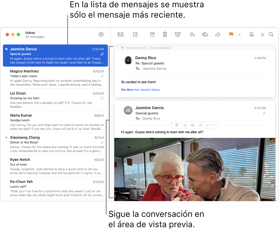 De este modo, en la lista de mensajes solamente se muestra el mensaje más reciente de cada conversación. Un número sobre el mensaje indica cuántos mensajes de la conversación hay en el buzón actual. Sigue la conversación en el área de vista previa.