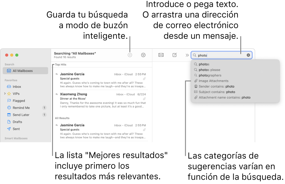 El buzón en que se busca aparece resaltado en la barra de búsqueda. Para buscar un buzón diferente, haz clic en su nombre. Puedes escribir o pegar texto en el campo de búsqueda, o arrastrar una dirección de correo electrónico desde un mensaje. A medida que escribes, aparecen sugerencias bajo el campo de búsqueda. Están organizadas en categorías, como Asunto o “Archivos adjuntos”, dependiendo del texto de búsqueda. “Mejores resultados” coloca los resultados más importantes en primer lugar.