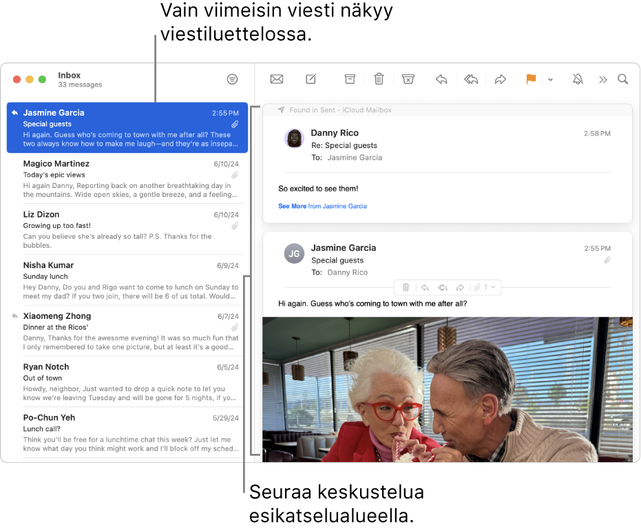 Vain keskustelun uusin viesti näkyy viestiluettelossa. Ylimmässä viestissä oleva numero osoittaa, kuinka monta keskustelun viestiä on nykyisessä postilaatikossa. Seuraa keskustelua esikatselualueella.