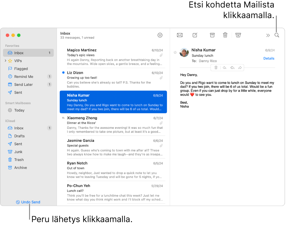 Mail-ikkuna, jossa näkyy vasemmalla sivupalkki. Peru lähetys ‑painike on sivupalkin alareunassa.