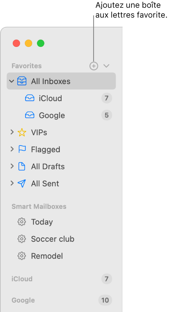 La barre latérale de Mail affichant plusieurs comptes et boîtes aux lettres, ainsi que des sections telles que Favoris et « Boîtes aux lettres intelligentes ». En haut de la barre latérale, cliquez sur le bouton à droite de Favoris pour ajouter une boîte aux lettres à cette section.