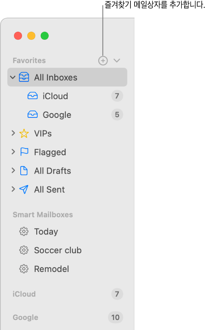 다른 계정, 메일상자, 즐겨찾기 및 스마트 메일상자와 같은 섹션을 표시하는 Mail 사이드바. 사이드바 상단에서 즐겨찾기 오른쪽에 있는 버튼을 클릭하여 해당 섹션에 메일상자를 추가함.