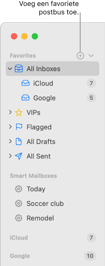 De navigatiekolom van Mail met daarin verschillende accounts en postbussen en gedeelten zoals 'Favorieten' en 'Slimme postbussen'. Klik boven in de navigatiekolom op de knop rechts van 'Favorieten' om een postbus aan dat gedeelte toe te voegen.