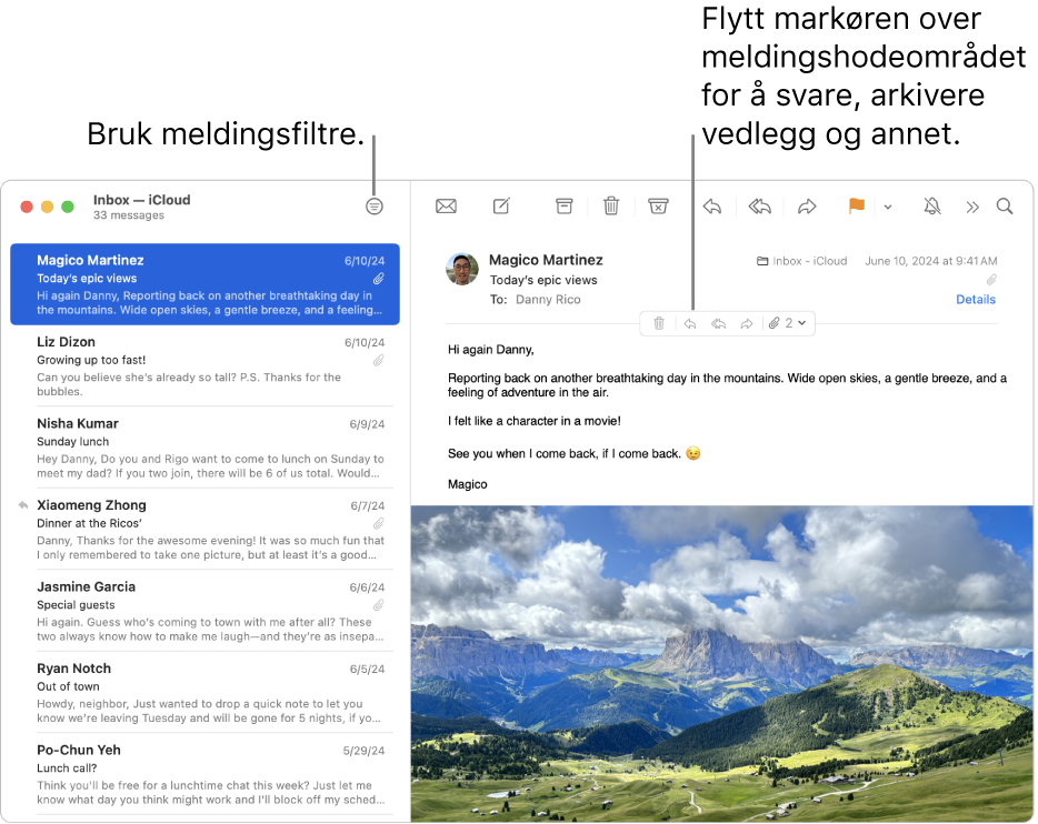 Mail-vinduet. Klikk på Filter-knappen i verktøylinjen for å bruke meldingsfiltre. Du kan vise knapper for å svare, arkivere vedlegg og mer ved å flytte pekeren over meldingshodedelen av en melding.