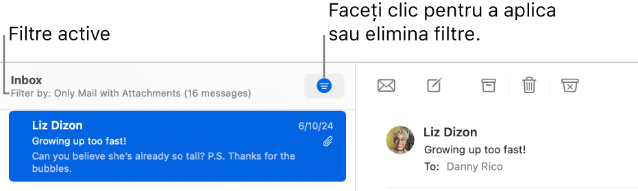 Fereastra Mail afișând bara de instrumente de deasupra listei de mesaje, unde Mail arată ce filtre (de exemplu “Doar e-mailuri cu fișiere atașate”) sunt aplicate.