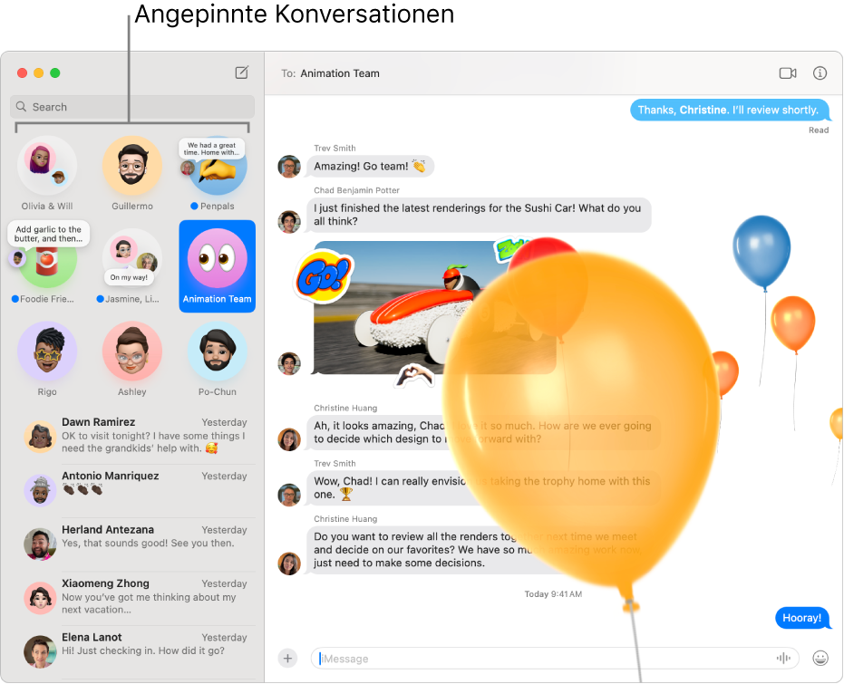 Die App „Nachrichten“ mit mehreren angehefteten Konversationen auf der linken Seite des Fensters.