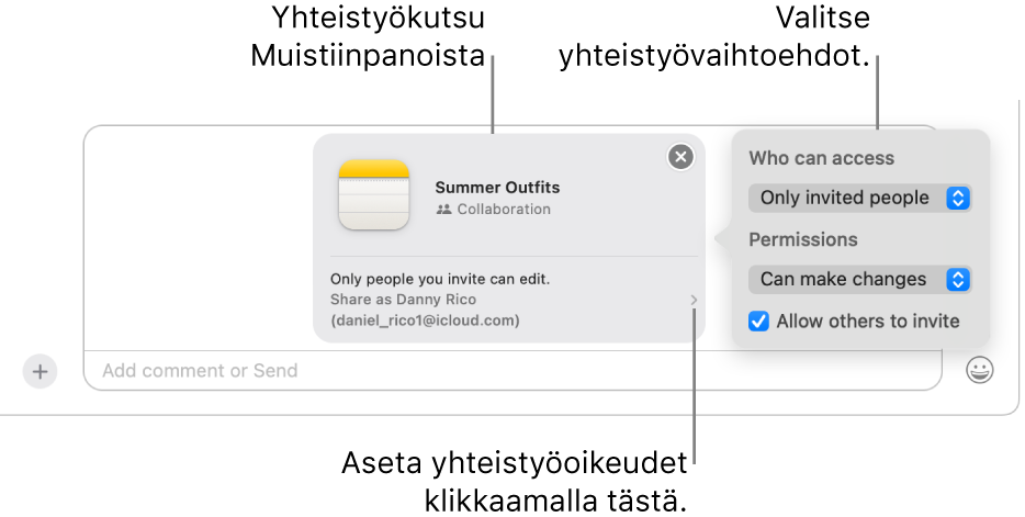 Lähikuva tekstiviestikentästä Viestit-keskustelun alareunassa. Siinä on kutsu tehdä yhteistyötä muistiinpanossa. Klikkaamalla kutsun oikeaa puolta voidaan asettaa oikeudet yhteistyötä varten.