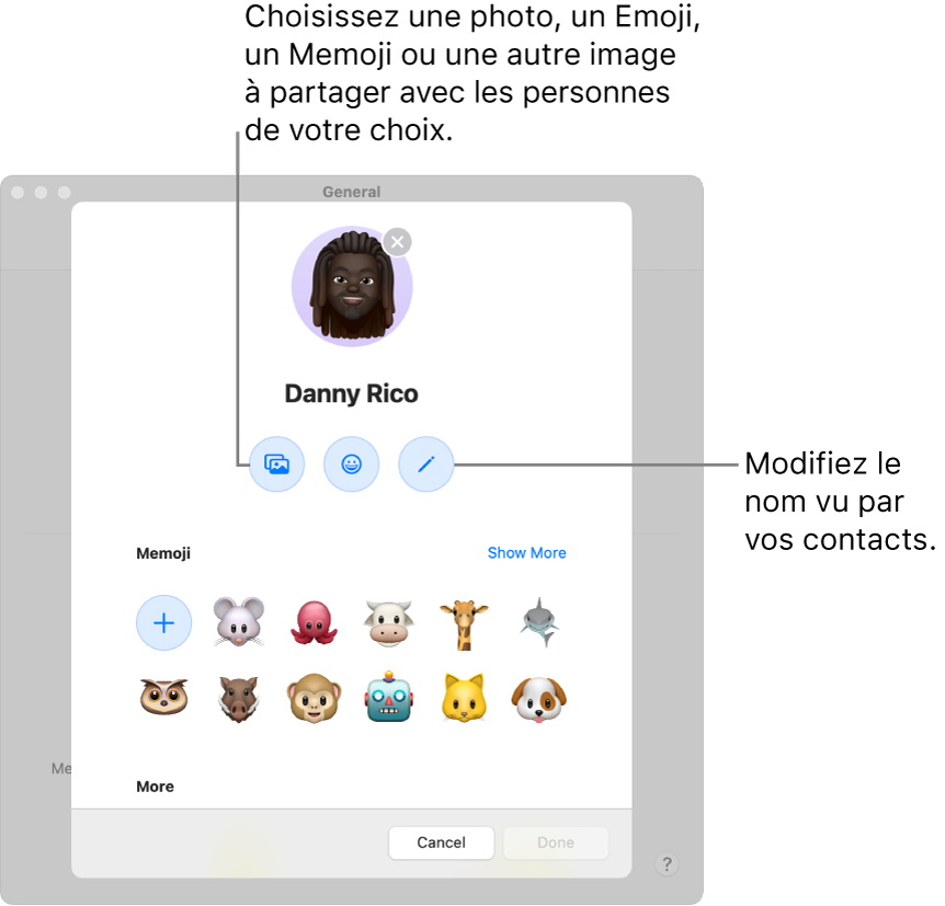 La zone de dialogue Partage de nom et photo, qui affiche les options de modification du nom que vos contacts voient et de sélection d’une photo, d’un émoji, d’un Memoji ou d’une autre image.