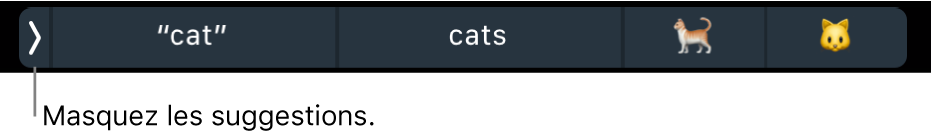 Suggestions affichant des mots et des Emoji, ainsi que le bouton à gauche permettant de masquer les suggestions.