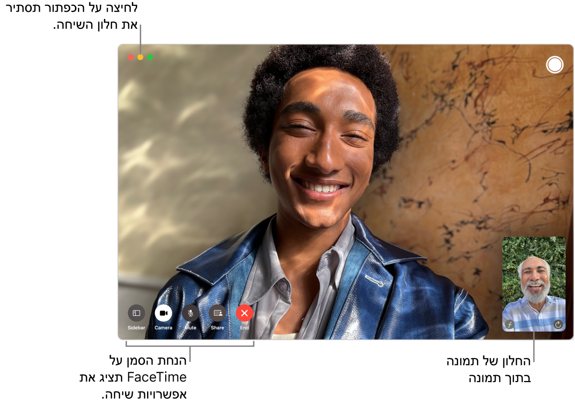 שיחת FaceTime בווידאו בעיצומה. חלון “תמונה בתוך תמונה” מופיע בפינה השמאלית העליונה, והאפשרויות של שיחה ב-FaceTime מופיעות בפינה הימנית התחתונה.