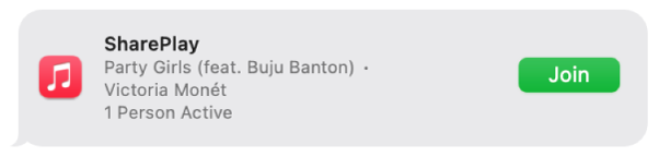 Mesej dengan jemputan untuk menyertai SharePlay dan mendengar muzik bersama.