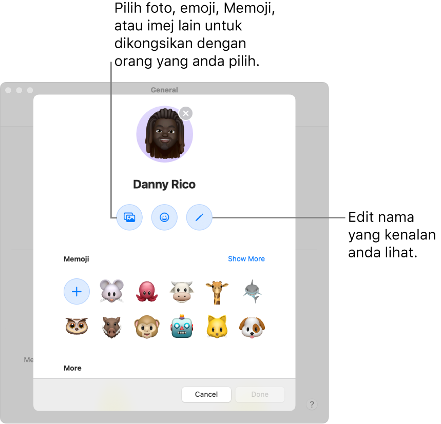 Dialog Perkongsian Nama dan Foto, menunjukkan pilihan untuk mengedit nama yang kenalan anda lihat dan memilih foto, emoji, Memoji atau imej lain.