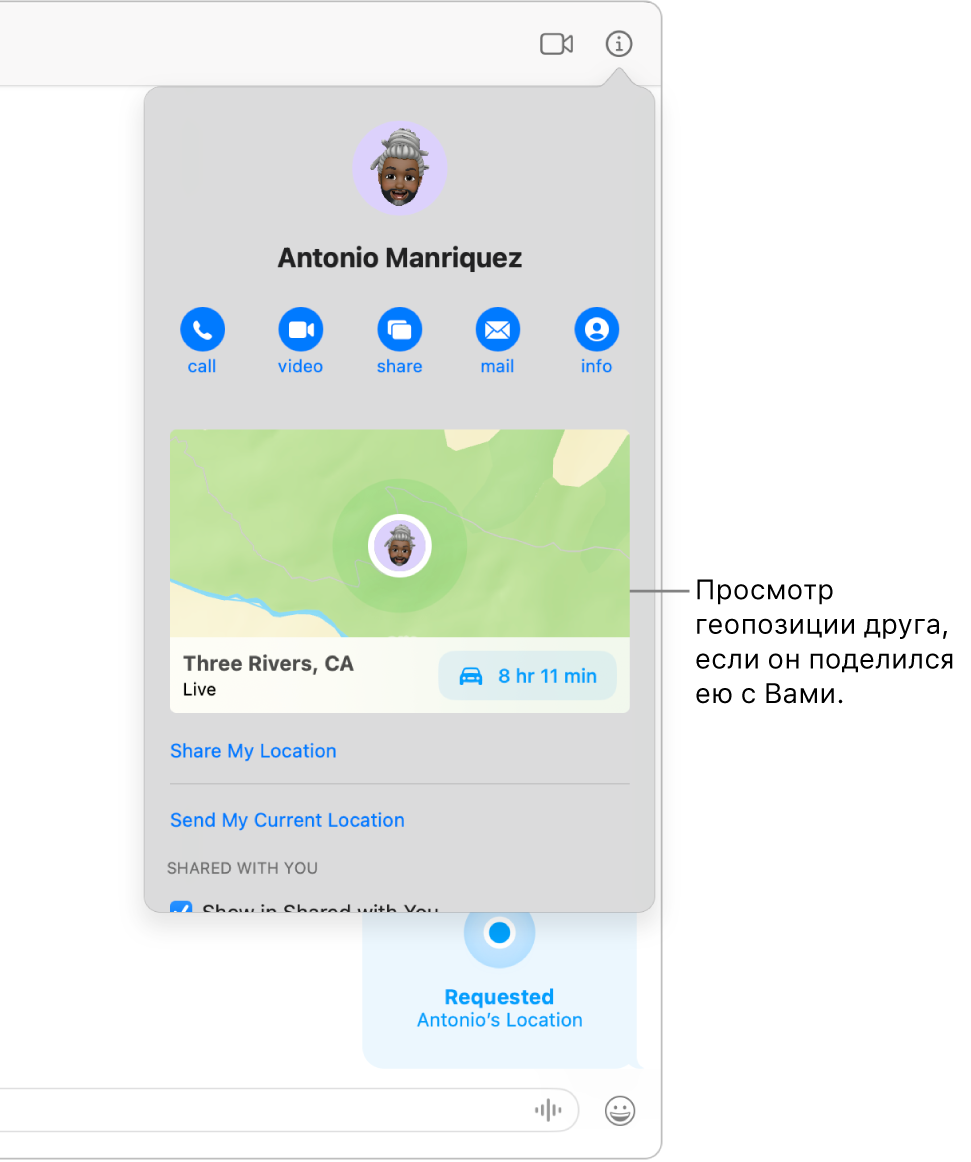 В панели «Свойства», отображаемой после нажатия кнопки «Свойства» в разговоре, показаны значок пользователя, который поделился с Вами своей геопозицией, а также его местоположение на карте и адрес геопозиции.