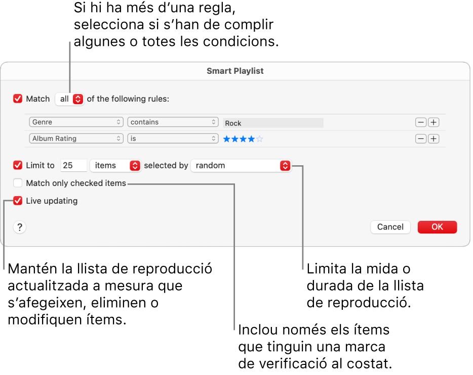 El quadre de diàleg “Llista de reproducció intel·ligent”: A la cantonada superior esquerra, selecciona “Fes coincidir” i indica els criteris de la llista de reproducció (com ara el gènere i la puntuació). Continua afegint o eliminant regles fent clic als botons “Afegeix” o “Elimina” de la cantonada superior dreta. Pots seleccionar diverses opcions a la part inferior del quadre de diàleg, com ara limitar la mida o la durada de la llista de reproducció, incloure només les cançons que estan marcades o fer que l’app Música actualitzi la llista de reproducció a mesura que canviïn els ítems de la biblioteca.