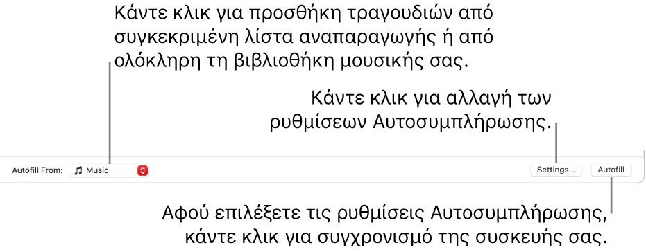 Οι επιλογές Αυτοσυμπλήρωσης στο κάτω μέρος του παραθύρου της Μουσικής. Στο αριστερό άκρο υπάρχει το αναδυόμενο μενού «Αυτοσυμπλήρωση από» από το οποίο επιλέγετε αν θα προστεθούν τραγούδια από μια λίστα αναπαραγωγής ή από ολόκληρη τη βιβλιοθήκη σας. Τέρμα δεξιά υπάρχουν δύο κουμπιά—«Ρυθμίσεις» για αλλαγή διάφορων επιλογών Αυτοσυμπλήρωσης και «Αυτοσυμπλήρωση». Όταν κάνετε κλικ στην «Αυτοσυμπλήρωση», η συσκευή σας γεμίζει με τα τραγούδια που πληρούν τα κριτήρια.