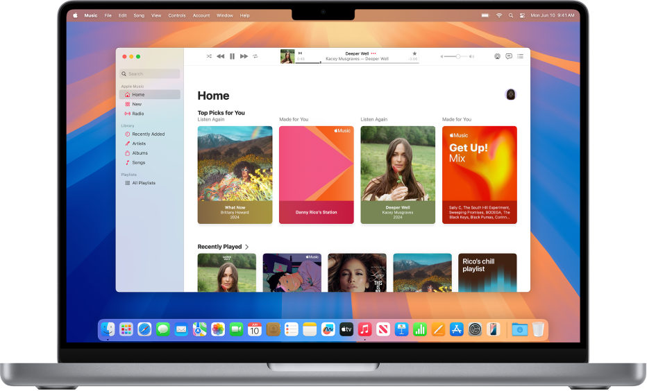 La ventana de Apple Music, mostrando la pantalla de inicio.