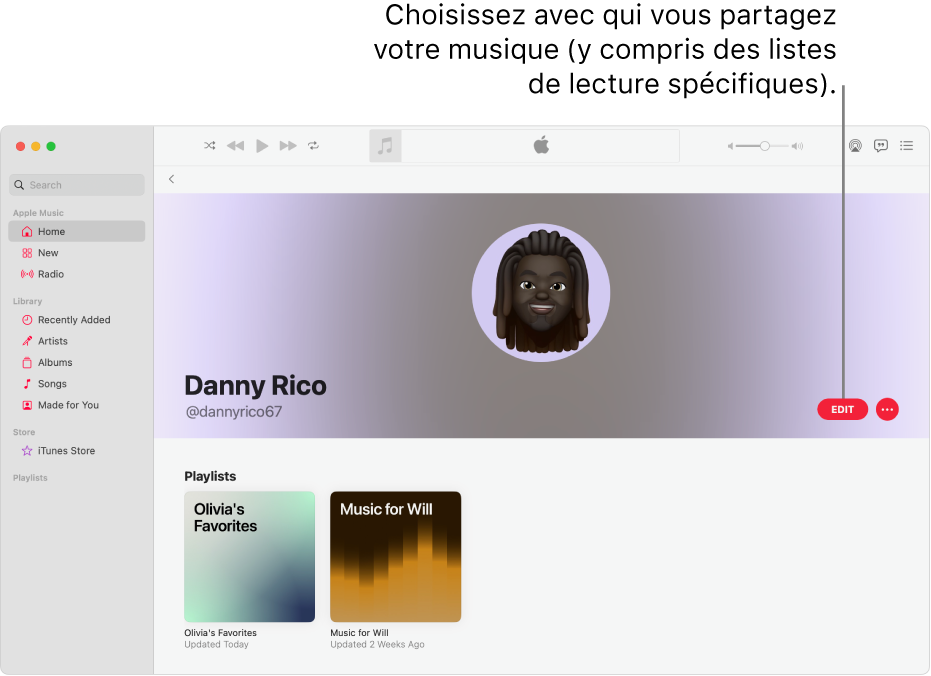 La page de profil dans Apple Music : sur le côté droit de la fenêtre, cliquez sur Modifier pour choisir qui peut vous suivre. À droite de Modifier, cliquez sur le bouton Plus pour partager votre musique.