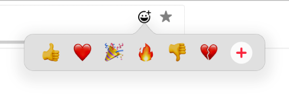 Le bouton Réactions dans les commandes de lecture présentant plusieurs Emoji, et un bouton Ajouter sur lequel vous pouvez cliquer pour trouver d’autres Emoji.