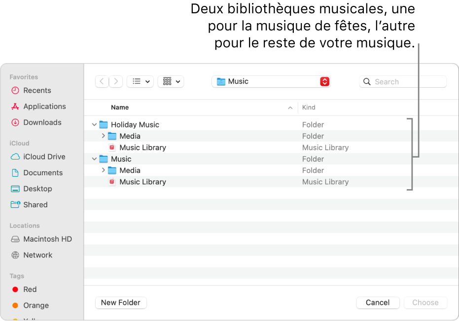 La fenêtre Finder montrant plusieurs bibliothèques : une pour la musique de Noël et l’autre pour le reste de votre musique.