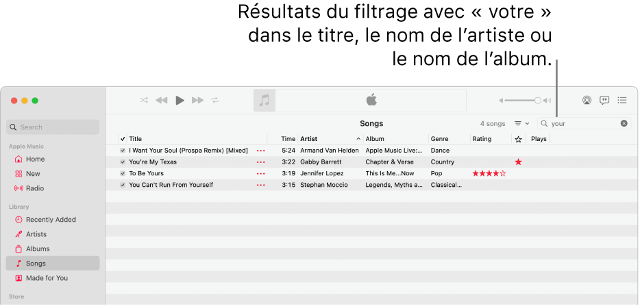 La fenêtre Apple Music affichant la liste des morceaux trouvés lorsque l’utilisateur saisit « your » dans le champ de filtre en haut à droite. Les morceaux de la liste incluent le terme « your » dans leur titre, le nom de l’artiste ou de l’album.