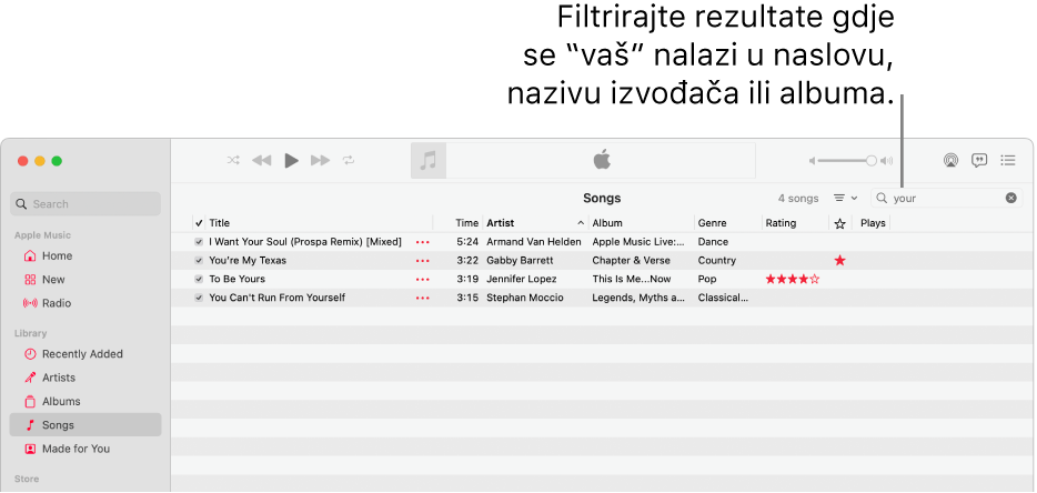 Prozor usluge Apple Music s prikazom popisa pjesama koje se pojavljuju kad se riječ “vaš” unosi u polje filtra u gornjem desnom kutu. Pjesme na popisu uključuju riječ “vaš“ u njihovom naslovu, izvođaču ili nazivu albuma.