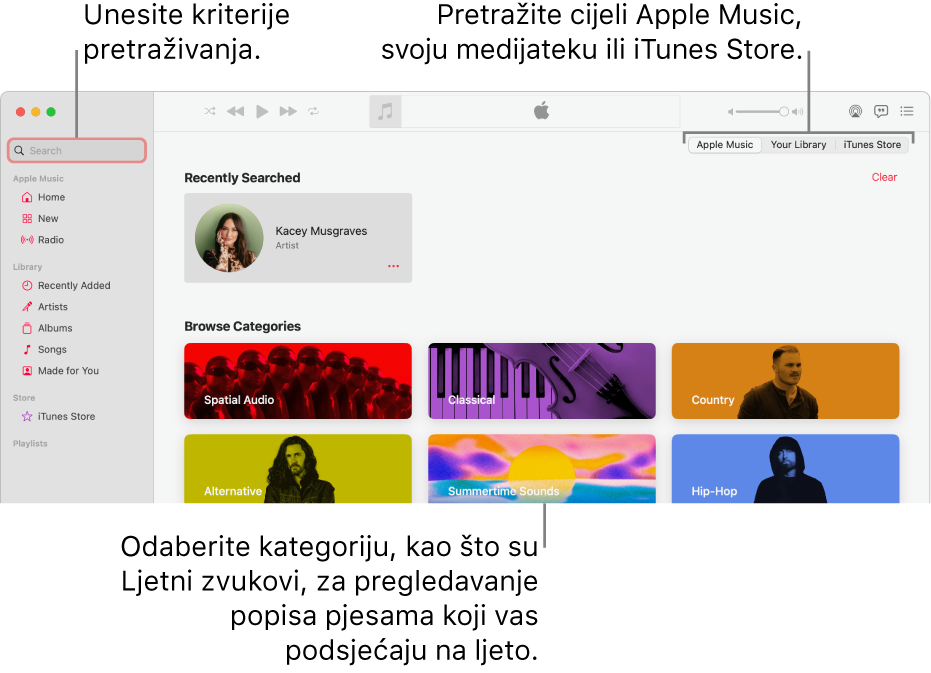 Prozor Apple Musica s poljem za pretraživanje u gornjem lijevom uglu, popisom kategorija u sredini prozora i Apple Musicom ili vašom medijatekom te trgovinom iTunes Store u gornjem desnom uglu. Unesite kriterije pretraživanja u polje za pretraživanje, zatim odaberite želite li pretražiti cijeli Apple Music, samo svoju medijateku ili iTunes Store.