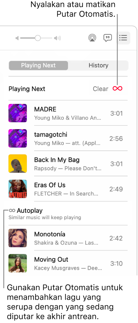Antrean Berikutnya. Klik tombol Putar Otomatis untuk menyalakan atau mematikannya. Saat Putar Otomatis menyala, lagu serupa ditambahkan ke akhir antrean.